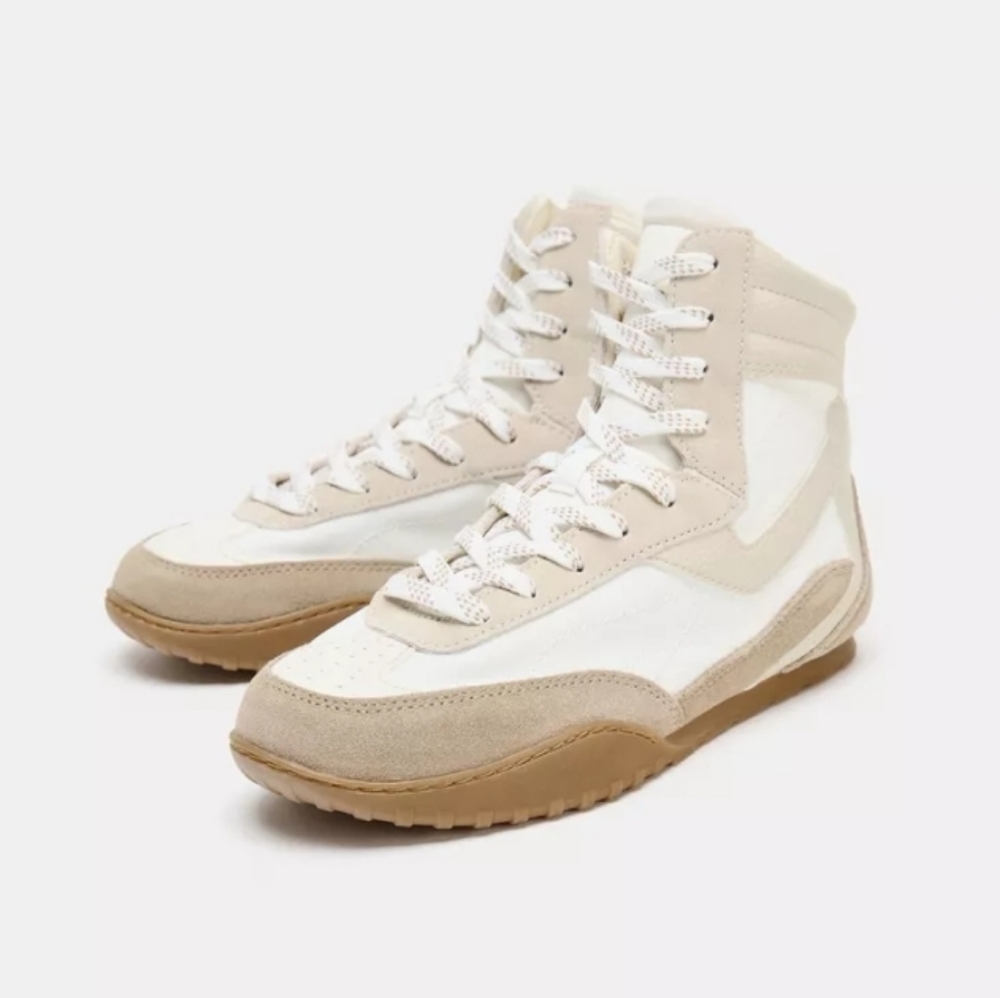 Zara Leather High-Top Sporty Sneakers in Cream and Tan Sz-9/40